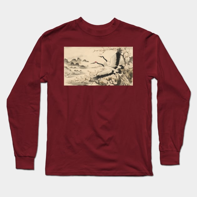 Crane birds - traditional japanese sumi e art Long Sleeve T-Shirt by Ravenglow